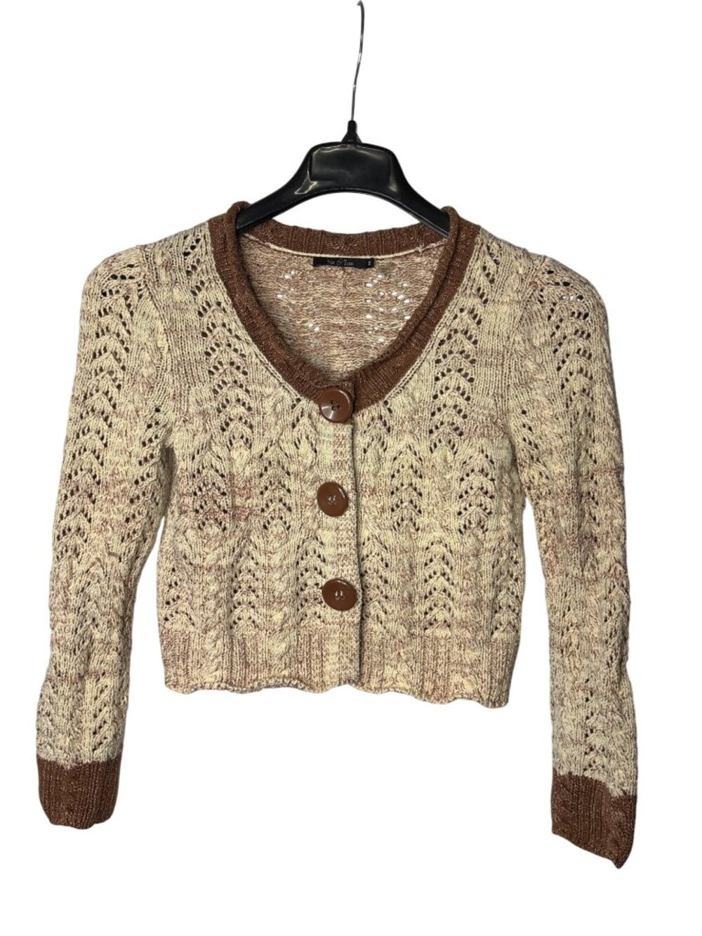Nic + Zoe Cropped Cardigan Size M Faux Button Snap Front Cable Knit Beige Brown